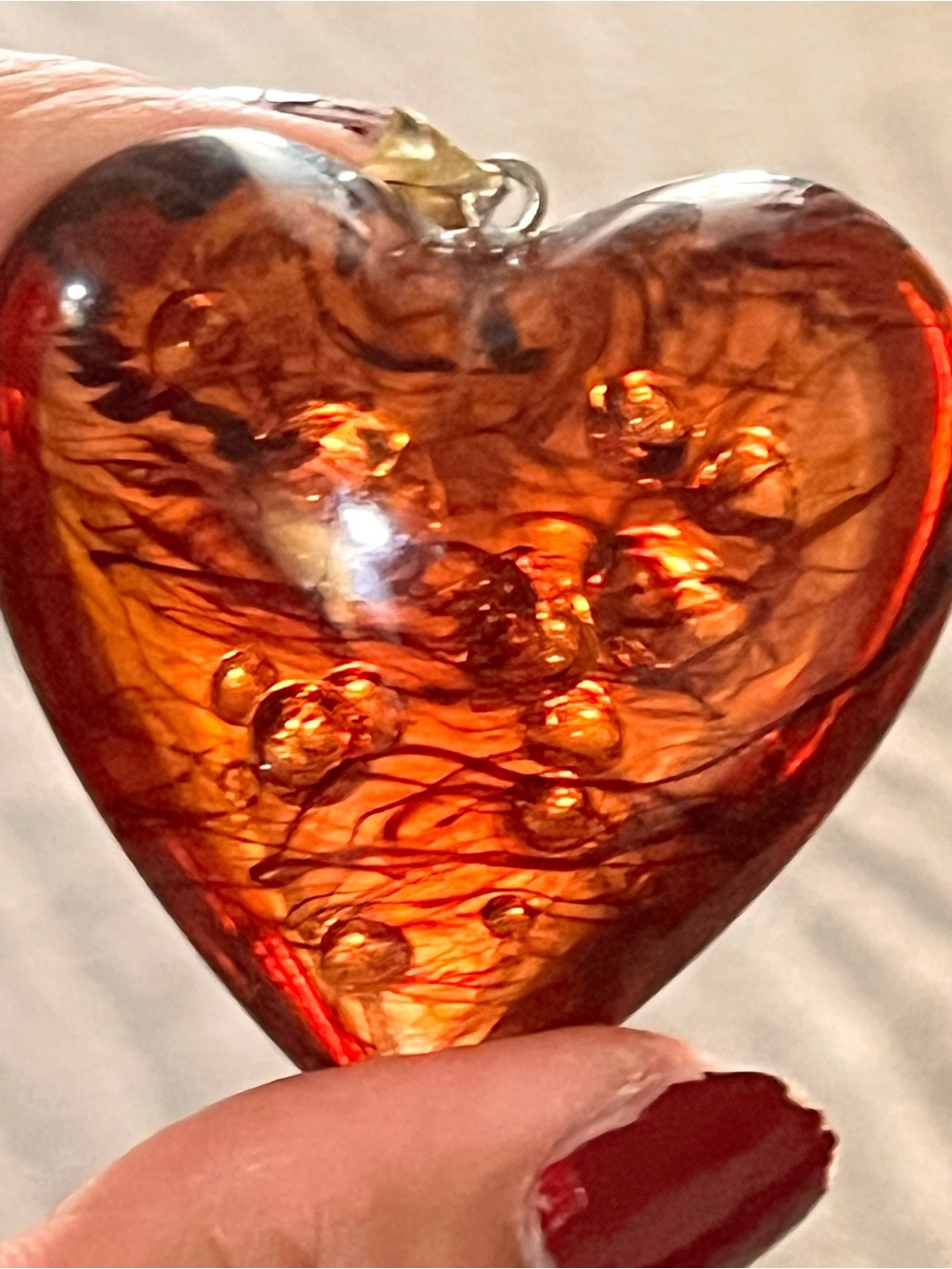 HUGE Beautiful Genuine Amber Heart Pendant 14k - Deep Amber Brown